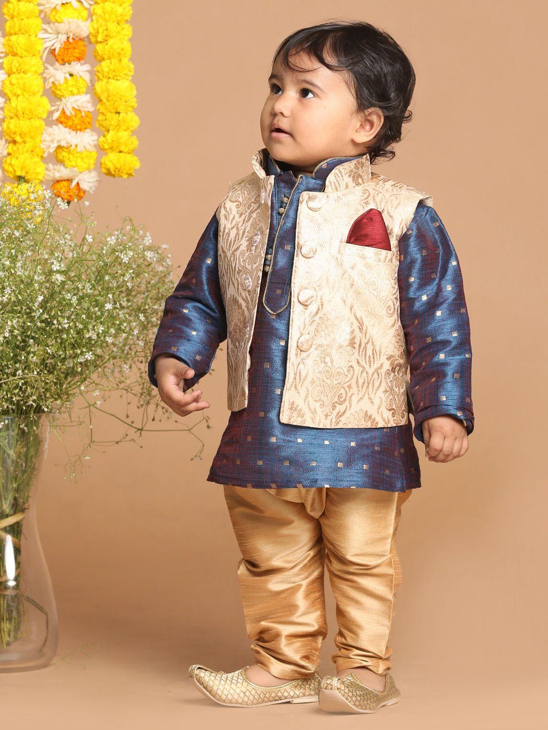 vastramay sishu boys blue silk blend kurta & pyjamas with rose gold woven nehru jacket