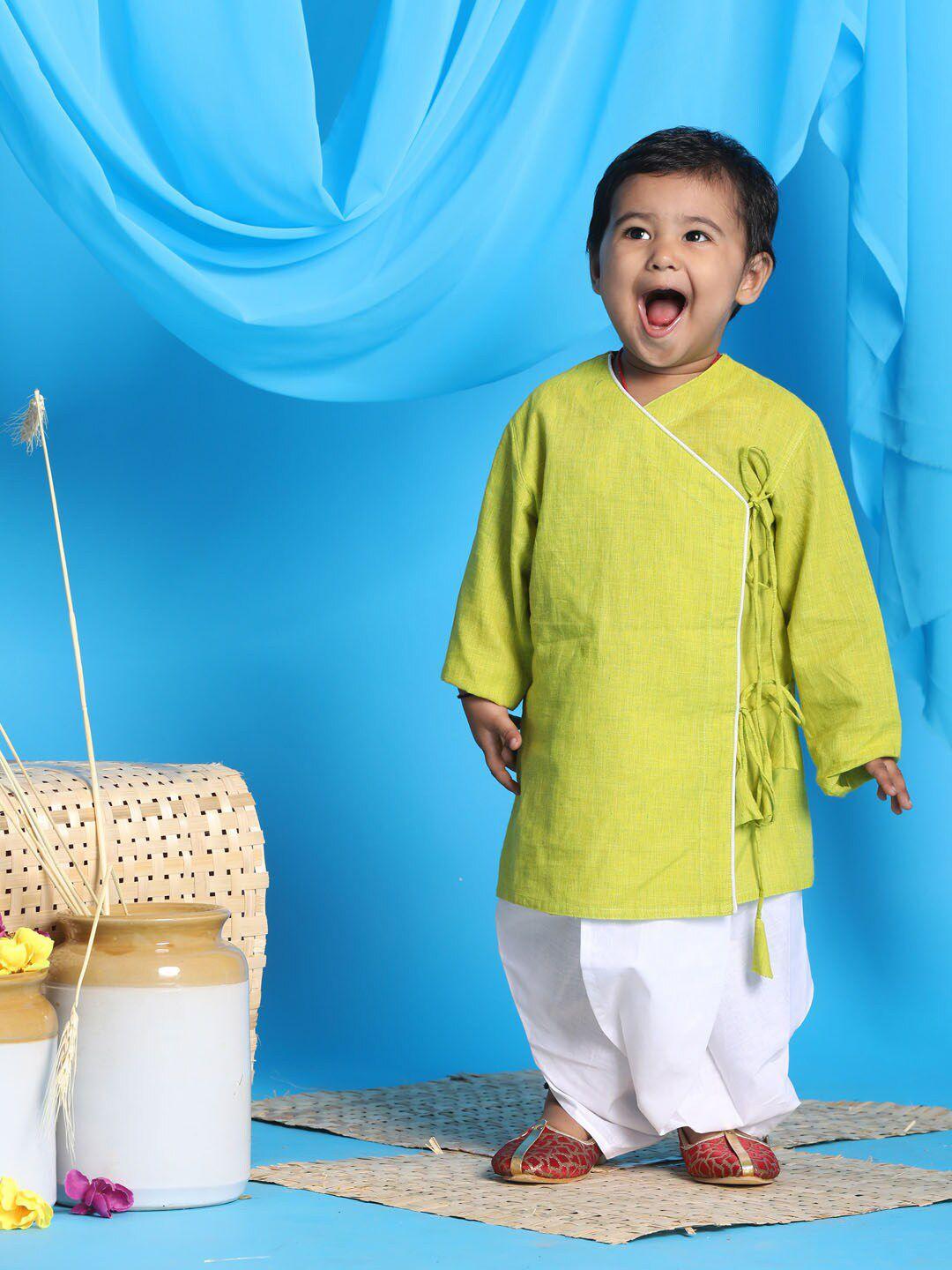 vastramay sishu boys green angrakha pure cotton kurta with dhoti pants