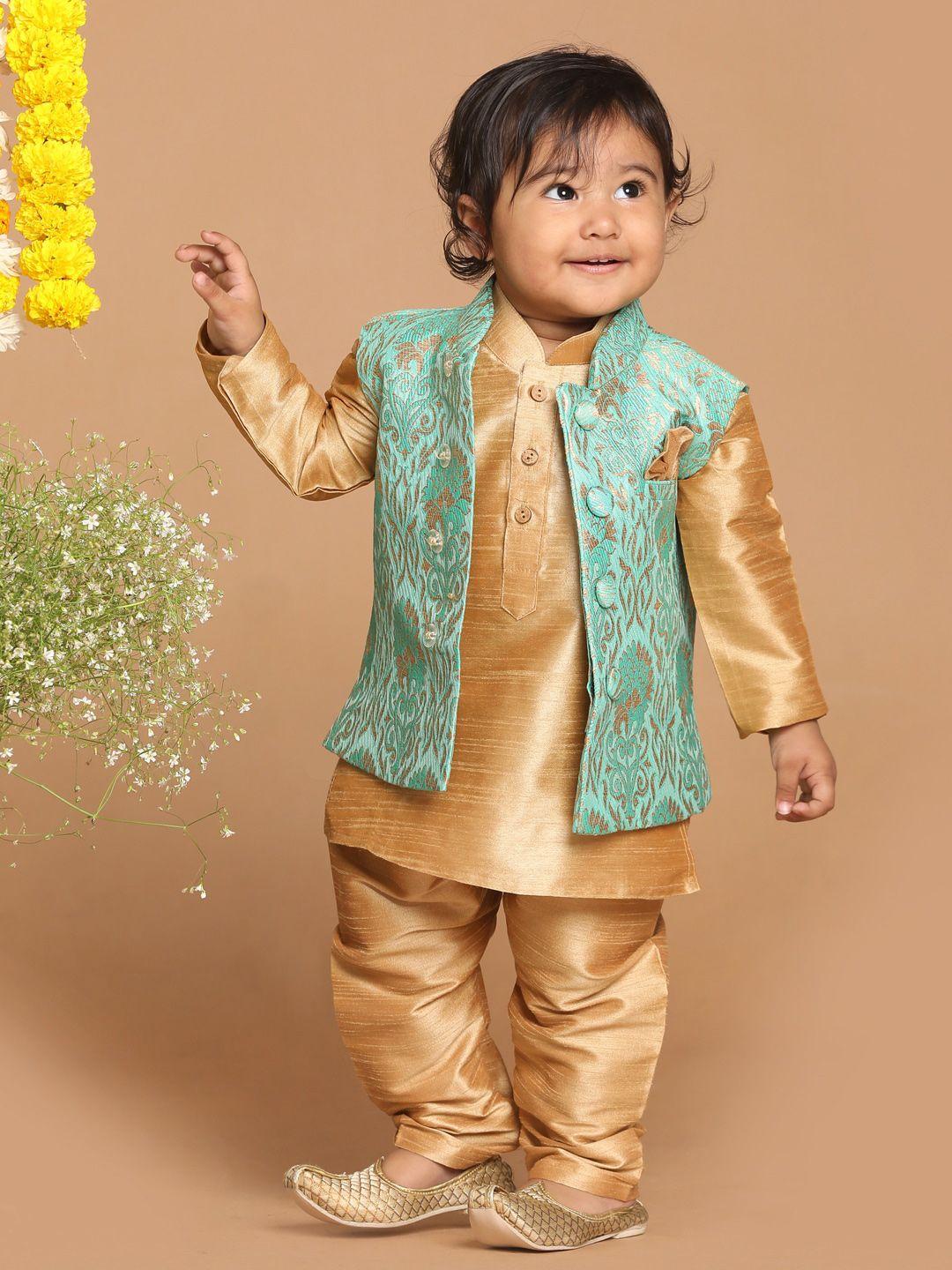 vastramay sishu boys rose gold & green silk blend kurta & pyjamas with nehru jacket