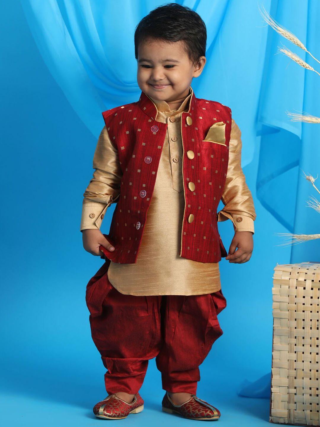 vastramay sishu boys rose gold & maroon kurti with dhoti pants & dupatta