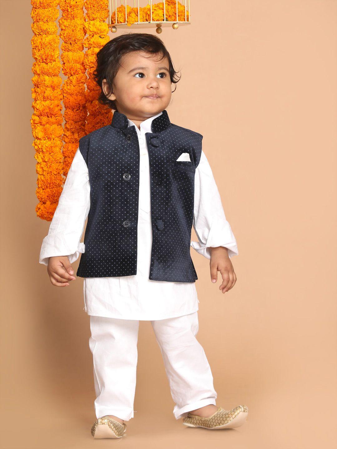 vastramay sishu boys white & blue cotton blend kurta pyjama polka dot printed nehru jacket