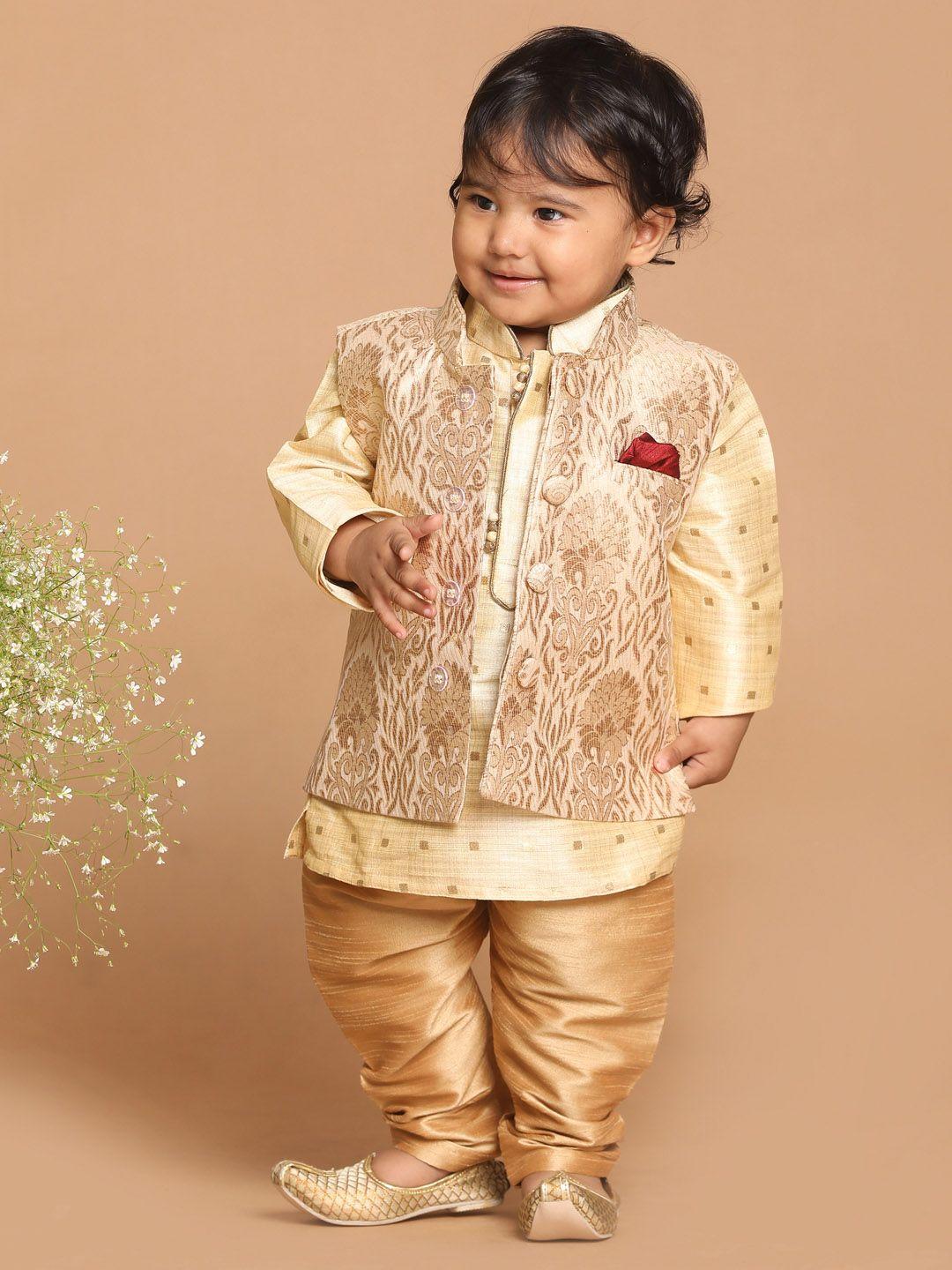 vastramay sishu infant boys beige silk blend kurta & pyjama with rose gold woven nehru jacket
