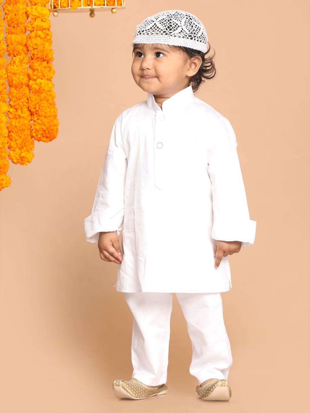 vastramay sishu infant boys white cotton blend solid kurta & pyjamas