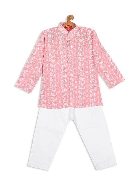 vastramay sishu pink & white cotton embroidered kurta set