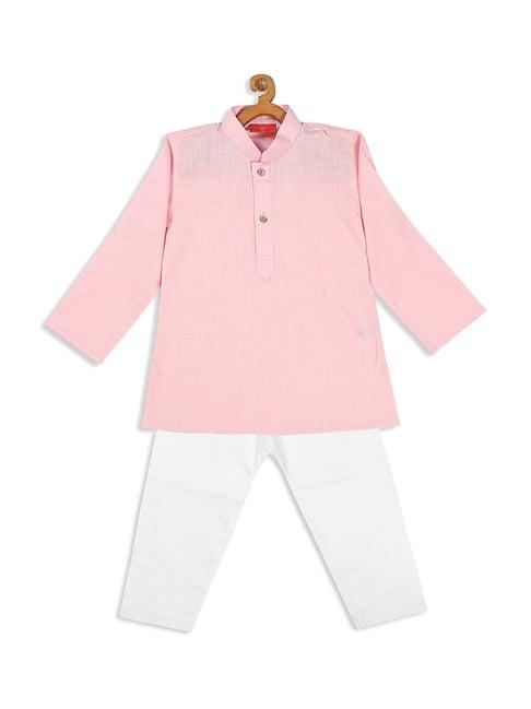 vastramay sishu pink & white cotton regular fit kurta set