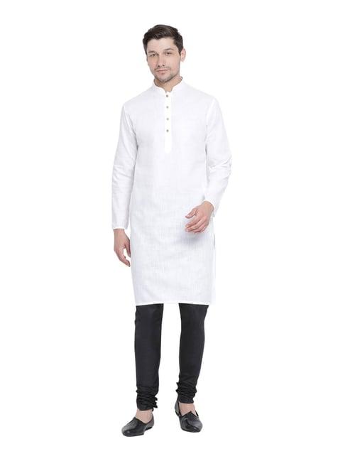 vastramay white & black cotton linen straight fit kurta churidar set