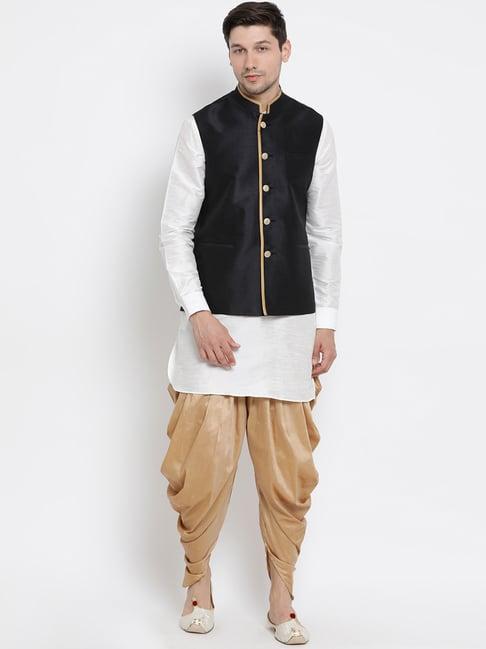 vastramay white & black straight fit kurta set & jacket