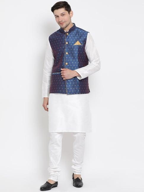 vastramay white & blue straight fit printed kurta set with jacket