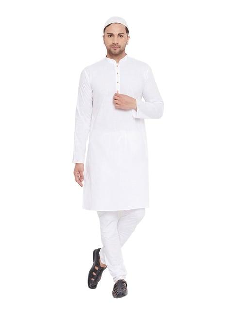 vastramay white cotton linen straight fit kurta churidar set
