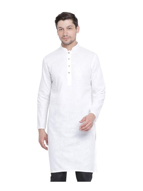 vastramay white cotton linen straight fit kurta