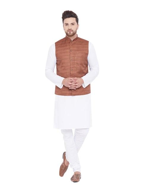 vastramay white cotton regular fit kurta churidar with jacket