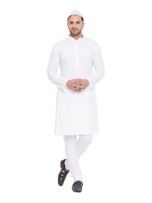 vastramay white cotton straight fit kurta churidar set