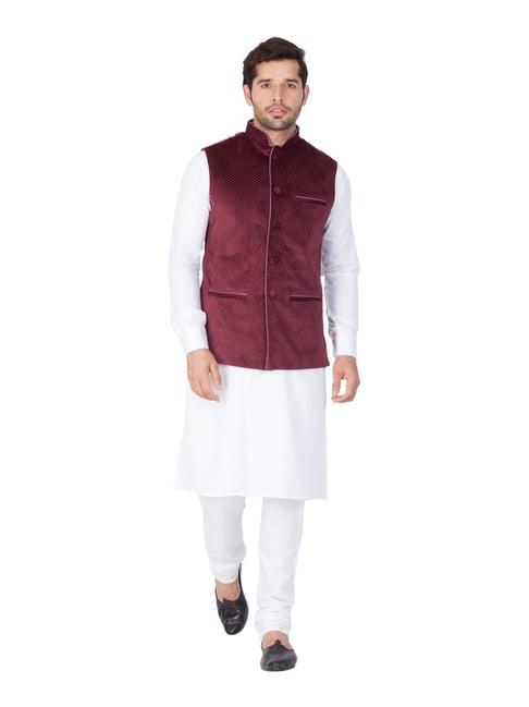 vastramay white cotton straight fit kurta churidar with jacket