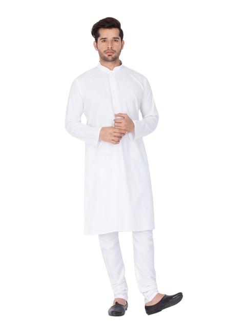 vastramay white cotton straight fit kurta pyjama set