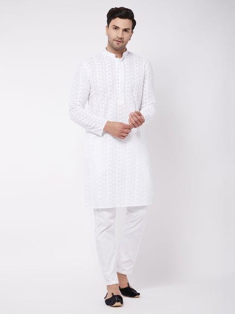 vastramay white regular fit cotton kurta & pants set