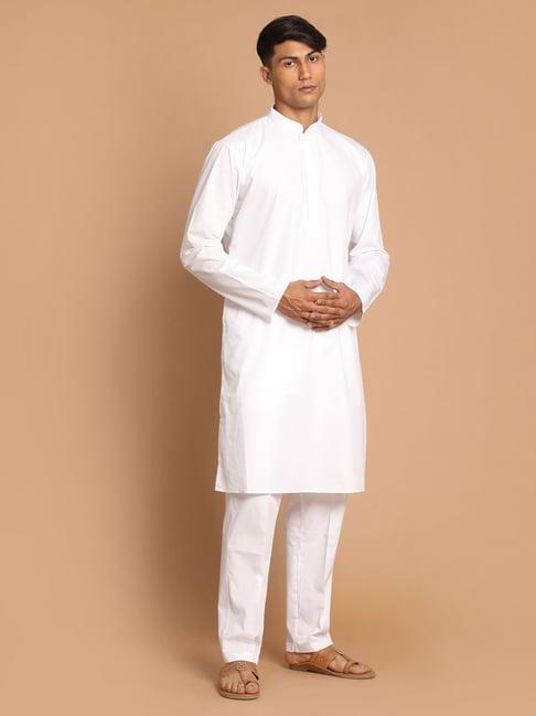 vastramay white regular fit cotton kurta & pants with prayer cap