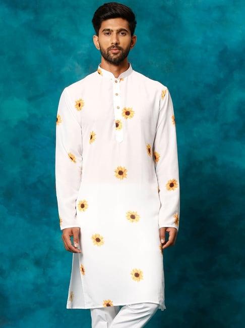 vastramay white regular fit floral print kurta