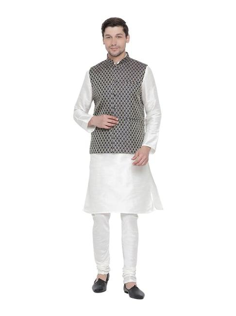 vastramay white straight fit kurta churidar with jacket