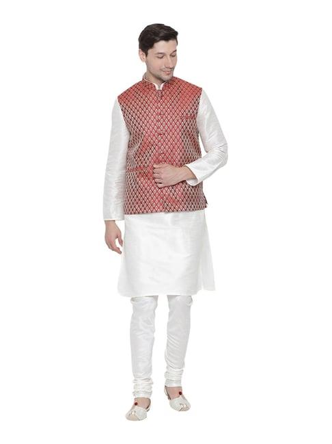 vastramay white straight fit kurta churidar with jacket