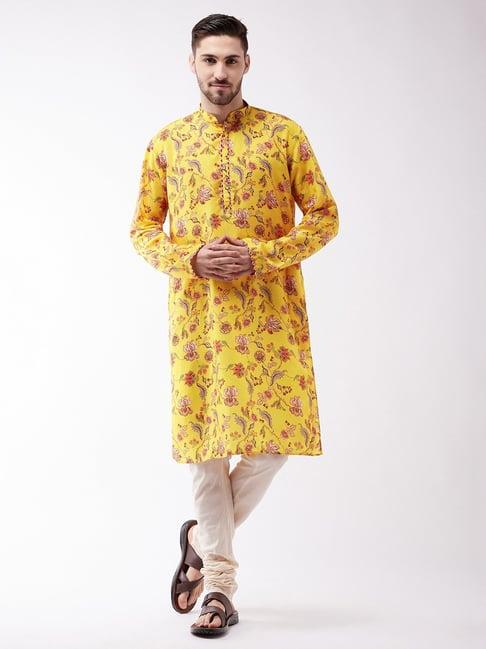 vastramay yellow & beige cotton straight fit floral print kurta set