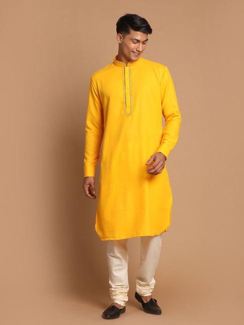 vastramay yellow & cream regular fit embroidered kurta & churidar set