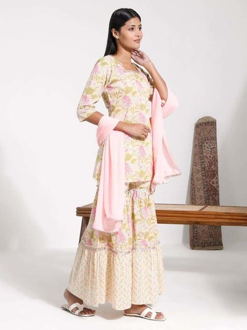 vastramay yellow & pink printed kurti sharara set