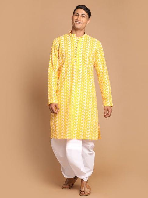 vastramay yellow & white regular fit cotton kurta & dhoti pants set