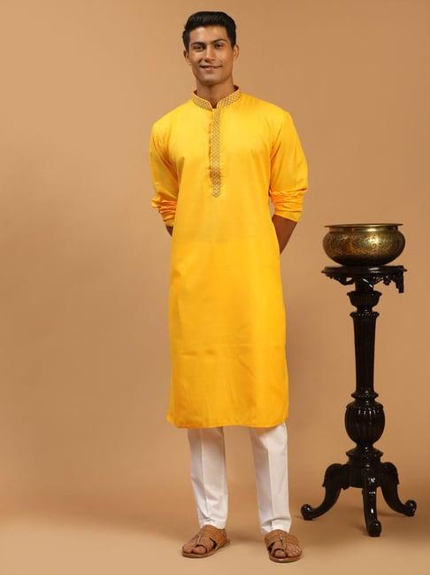 vastramay yellow & white regular fit embroidered kurta & pants set