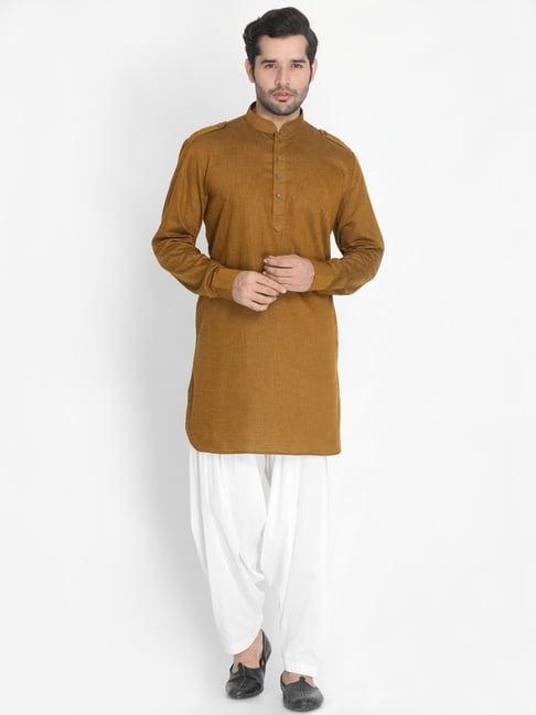 vastramay yellow & white relaxed fit self pattern kurta set