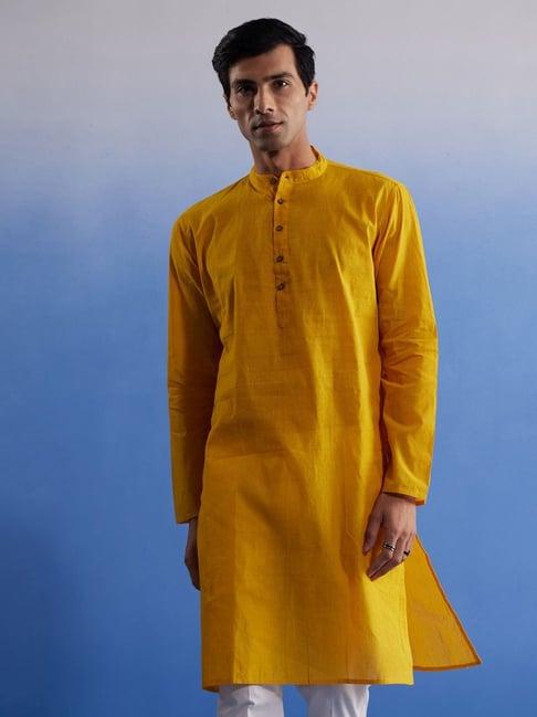 vastramay yellow cotton regular fit striped kurta