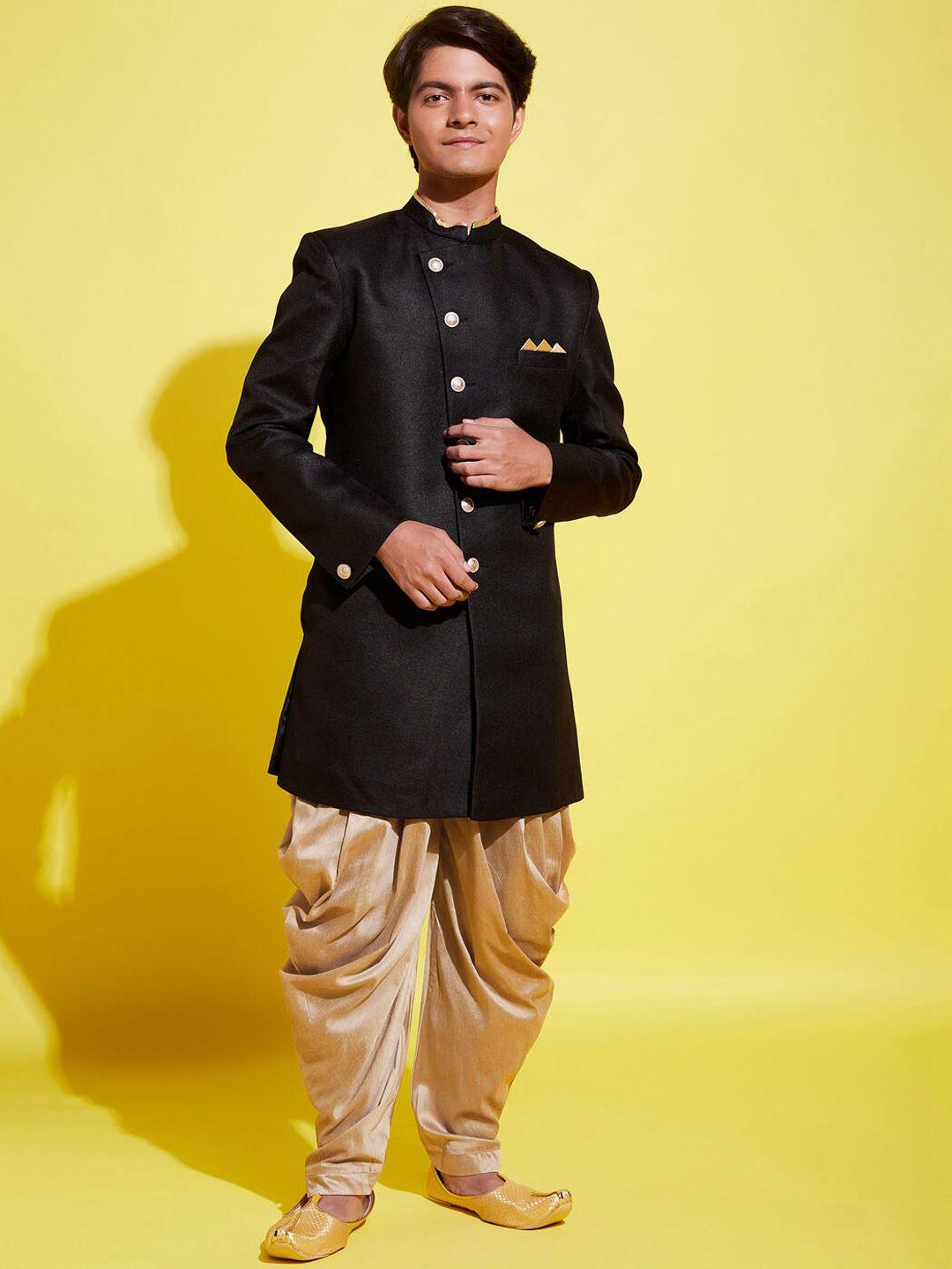 vastramay yuva boys black & rose gold solid sherwani with dhoti pants