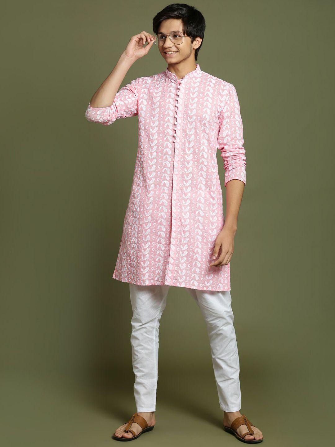 vastramay yuva boys ethnic motif embroidered chikankari pure cotton kurta with pyjamas