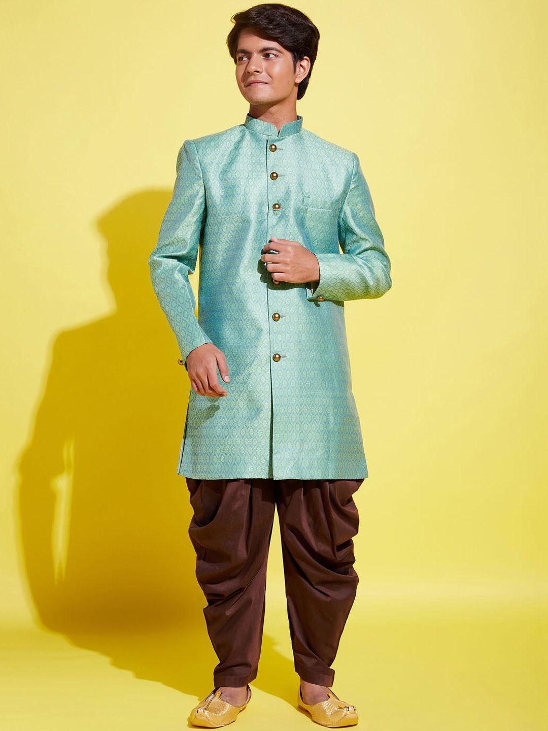 vastramay yuva boys green jacquard design sherwani with brown dhoti pants