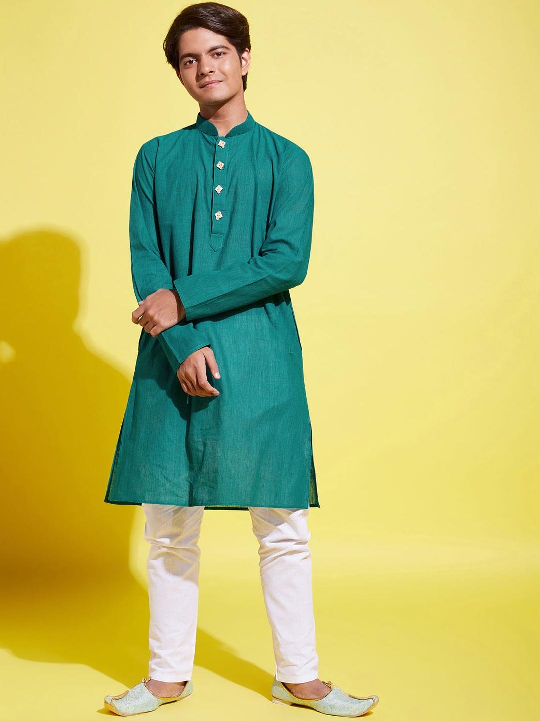 vastramay yuva boys green striped pure cotton kurta with trouser