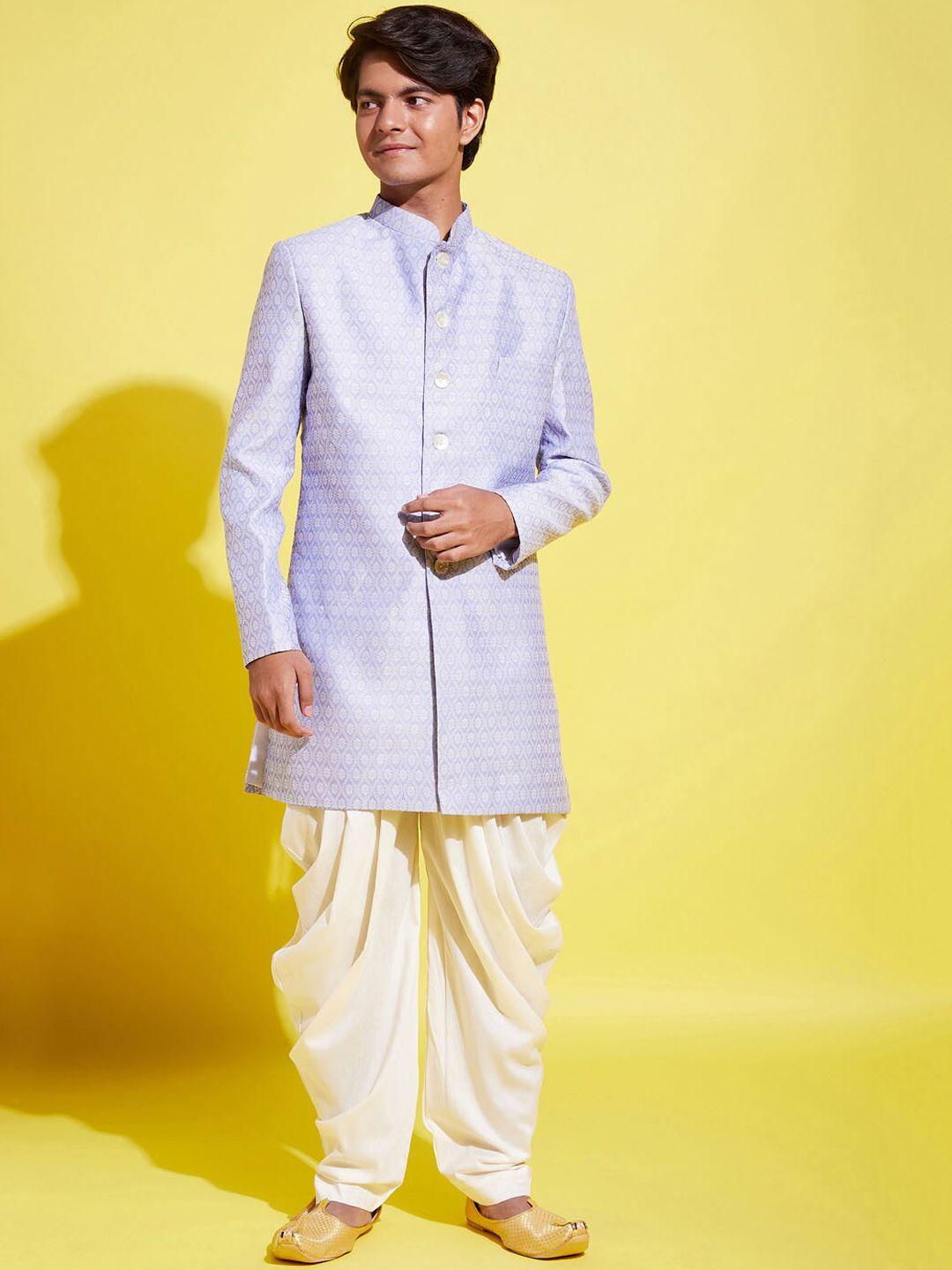 vastramay yuva boys lavender printed slim-fit sherwani with dhoti pants set