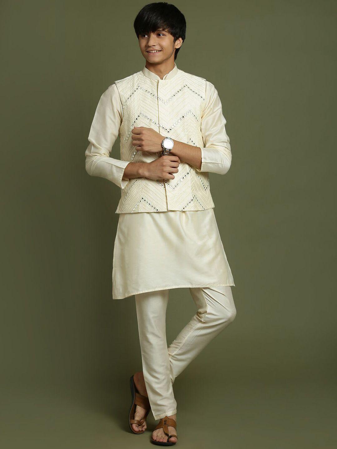 vastramay yuva boys mandarin collar straight kurta & pyjamas with nehru jacket