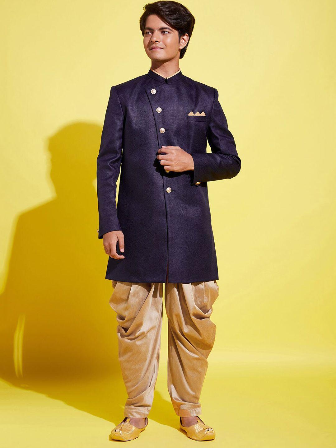 vastramay yuva boys navy blue solid sherwani with rose-gold dhoti pants