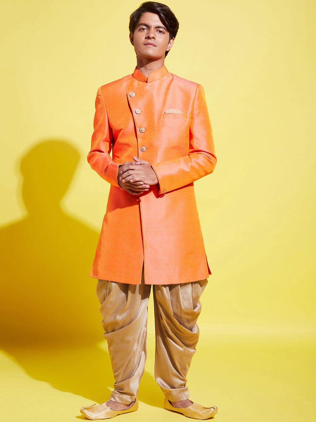 vastramay yuva boys orange & rose gold  solid  sherwani set