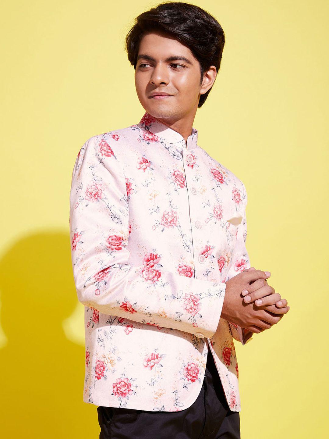 vastramay yuva boys peach, pink and grey printed slim-fit bandhgala blazer