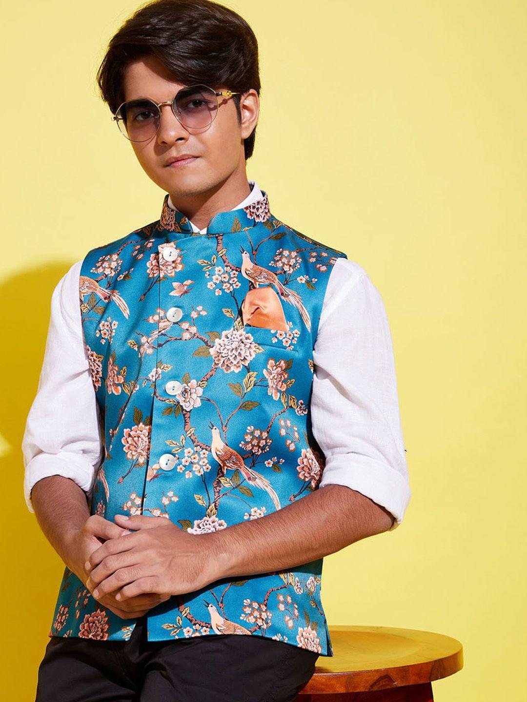 vastramay yuva boys turquoise blue printed slim-fit nehru jacket