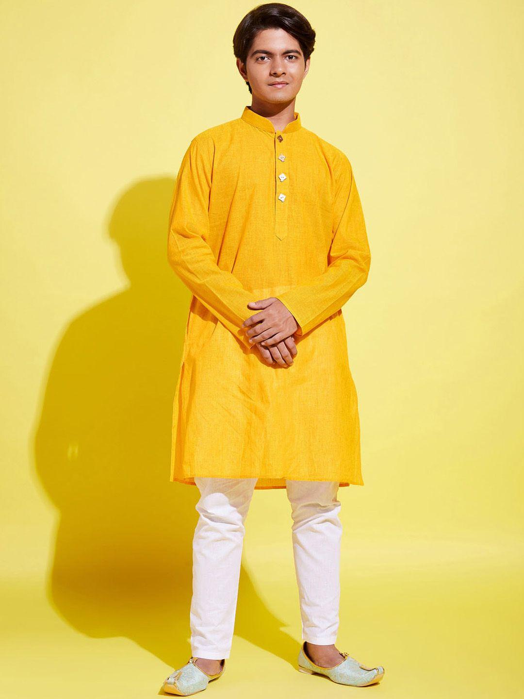 vastramay yuva boys yellow striped self design pure cotton kurta with pyjamas