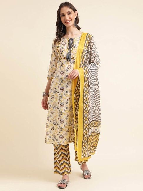 vastramyaa beige & yellow cotton floral kurta with pants & dupatta