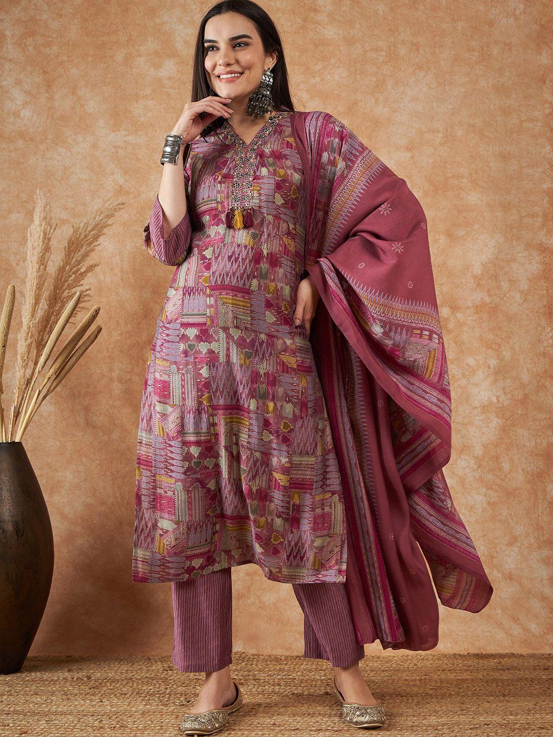 vastramyaa ethnic motifs print beads & stones silk straight kurta & trousers with dupatta