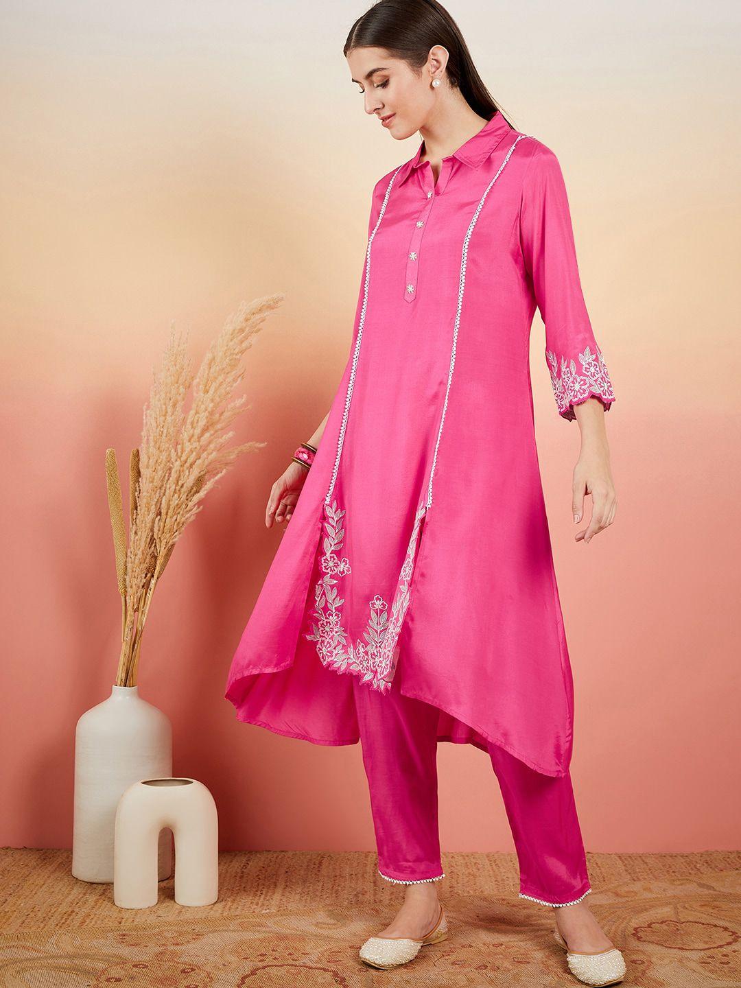 vastramyaa floral embroidered shirt collar kurta with trousers
