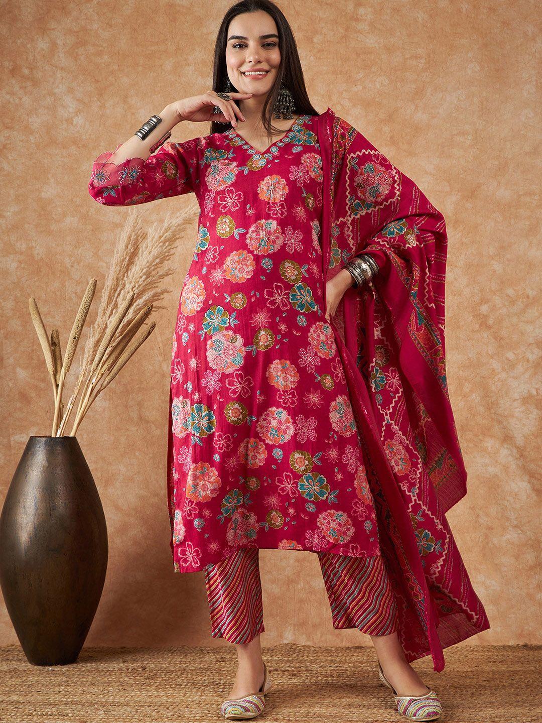 vastramyaa floral printed regular mirror work pure silk kurta with trousers & dupatta