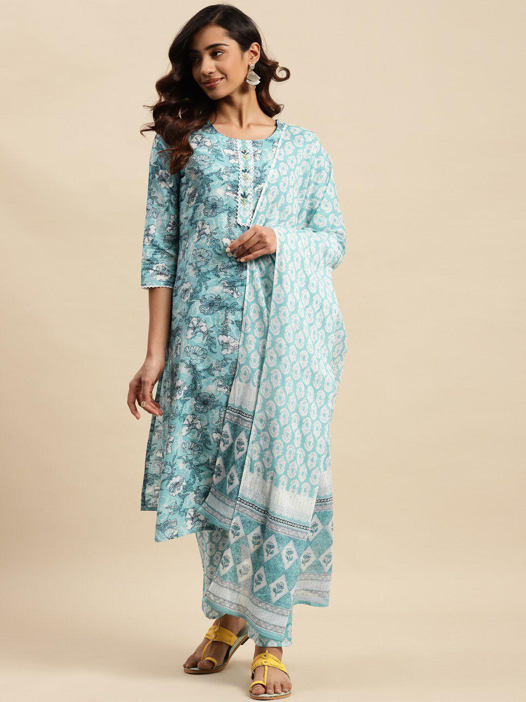 vastramyaa floral printed regular sequinned pure cotton kurta with trousers & with dupatta