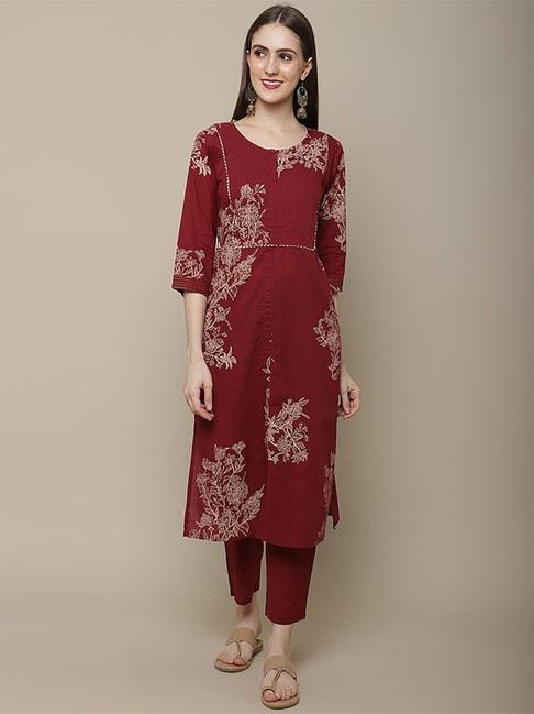 vastramyaa maroon cotton floral print kurta pant set