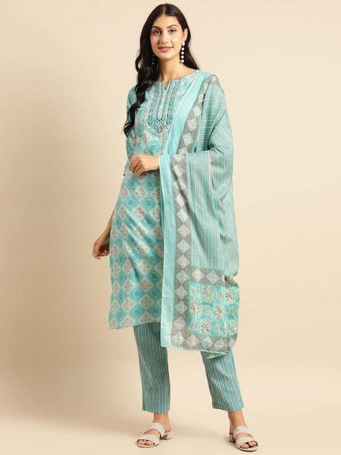 vastramyaa sky blue & off white cotton printed kurta with pant & dupatta