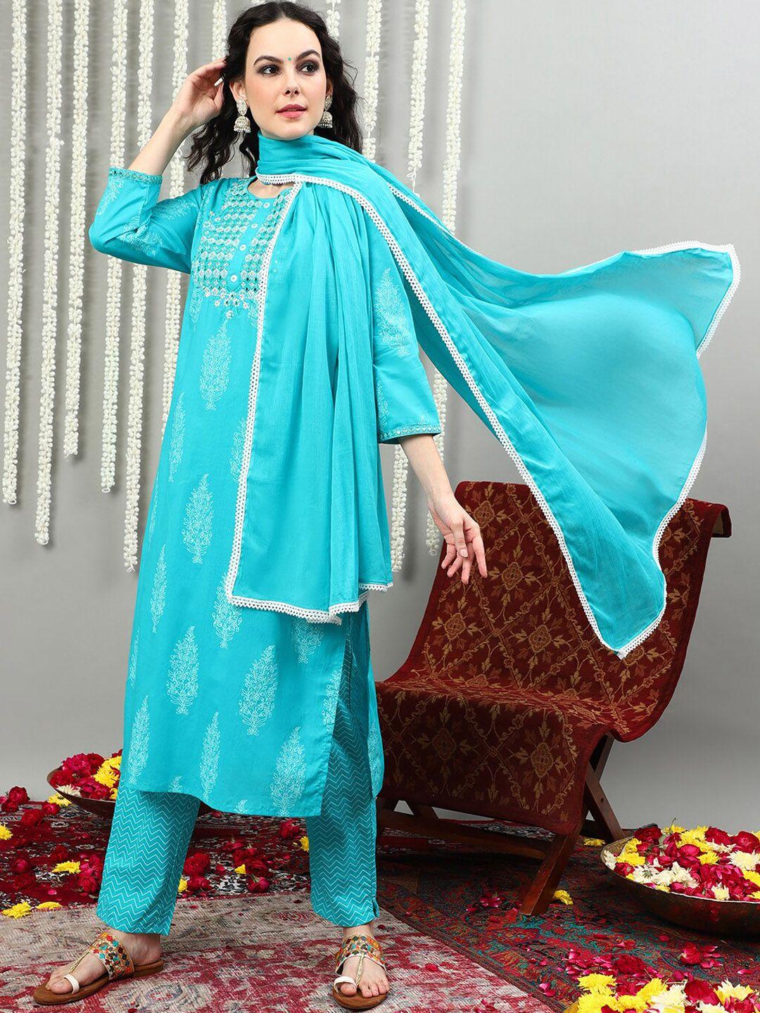 vastramyaa women blue ethnic motifs printed regular pure cotton kurta with trousers & with dupatta