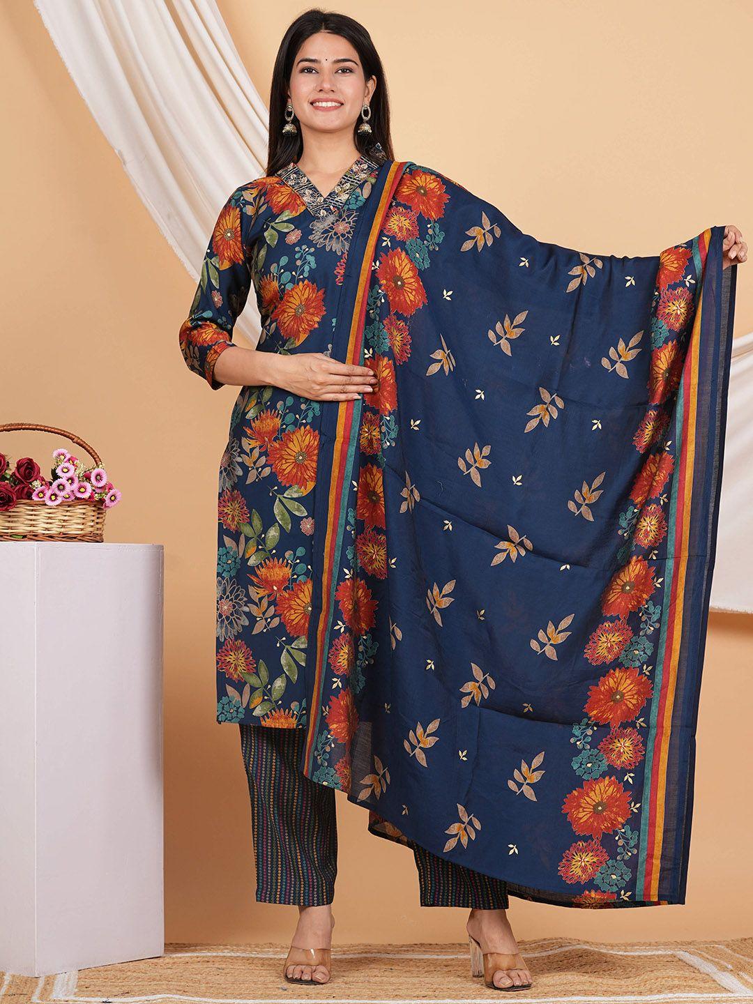 vastramyaa women floral printed regular thread work pure silk kurta with trousers & with dupatta
